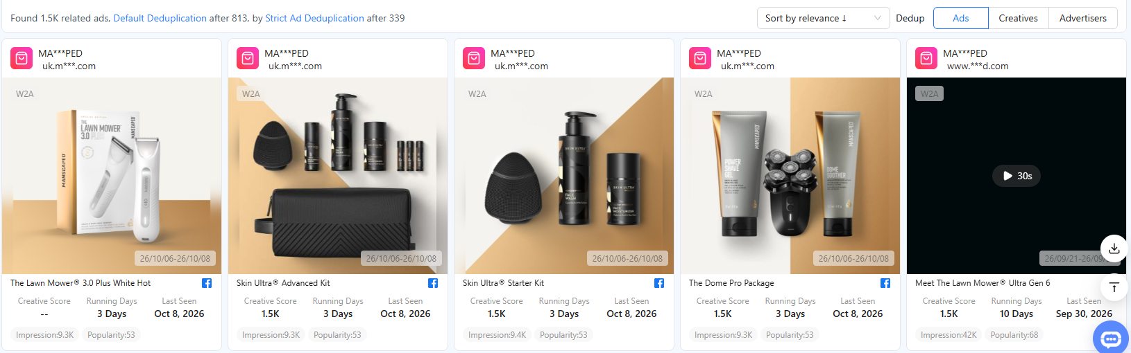 BigSpy search for manscaped with ad cards first seen 6 October 2026