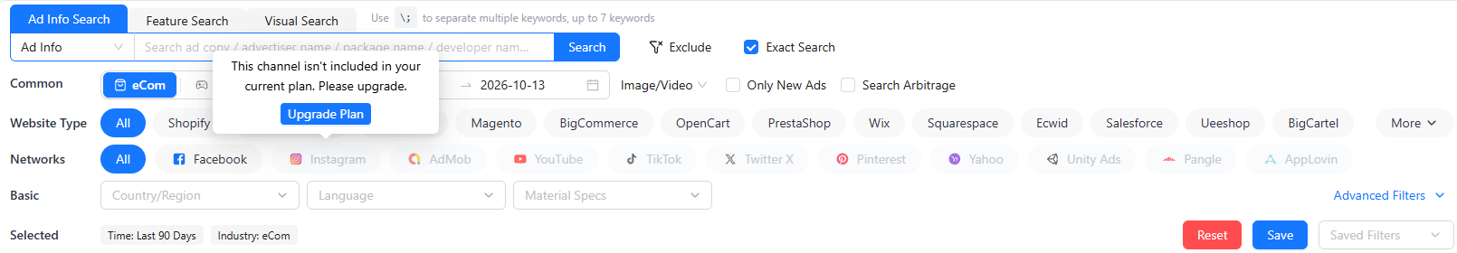 BigSpy free plan network bar with only Facebook available and an upgrade message on Instagram