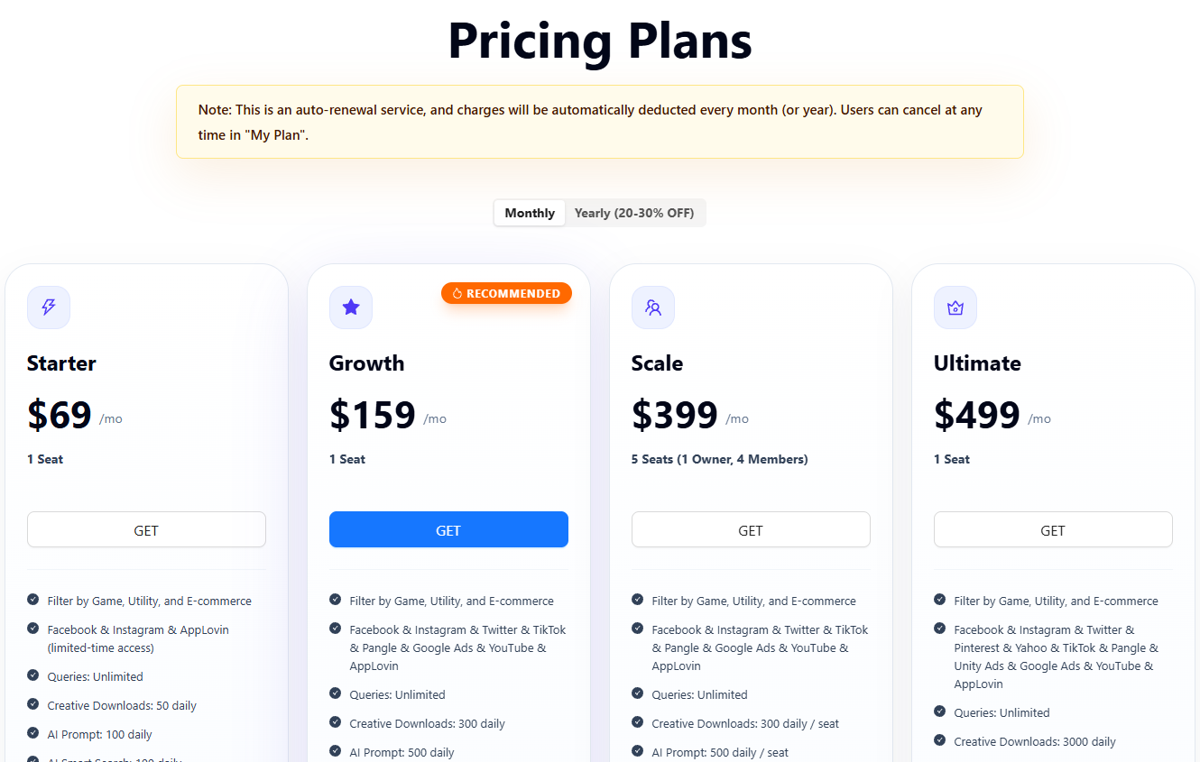 BigSpy Pricing Plans inside the app: Starter $69, Growth $159, Scale $399, Ultimate $499