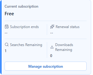 BigSpy account menu showing Searches Remaining 1 and Downloads Remaining 0 on the Free plan
