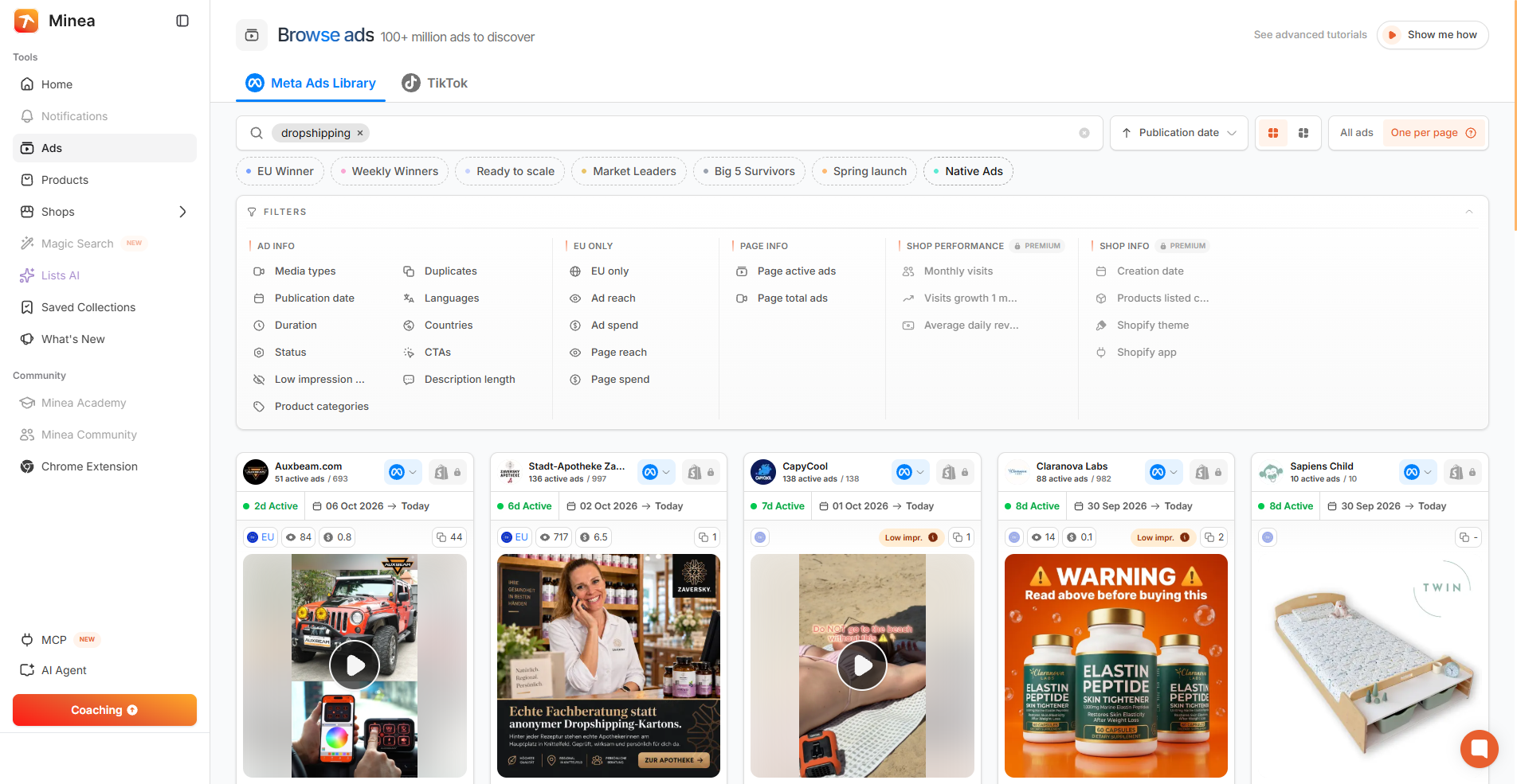 Minea Meta Ads Library search for dropshipping on a free account