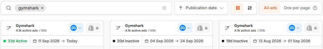 Minea search for the Gymshark page sorted by publication date, newest ad 11 September 2026