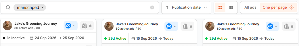 Minea search for manscaped returning only ads from Jake’s Grooming Journey