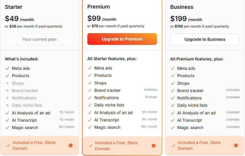 Minea plans inside the app: Starter $49, Premium $99, Business $199