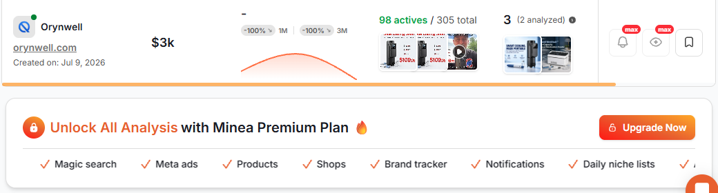 Minea Trending Shops on the Starter plan ending in an Unlock All Analysis with Minea Premium Plan block