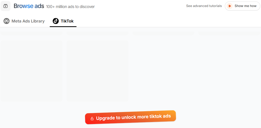 Minea TikTok tab on the Starter plan with an Upgrade to unlock more tiktok ads button