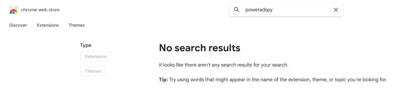 Chrome Web Store search for poweradspy with no results