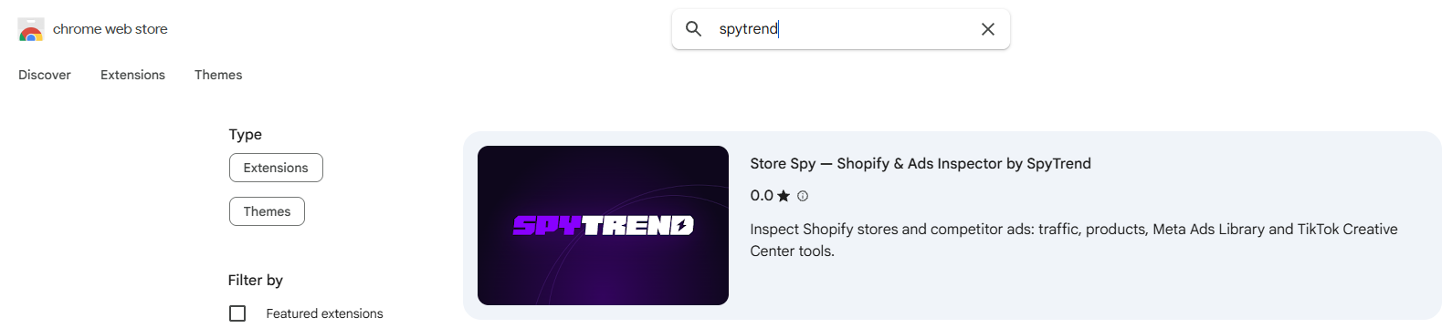 Chrome Web Store search for spytrend showing the Store Spy extension