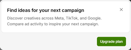 TrendTrack window Find ideas for your next campaign with an Upgrade plan button